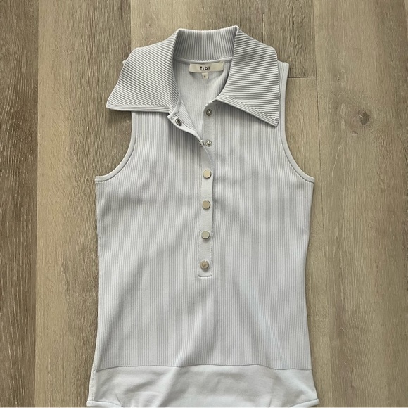 Tibi Ribbed Knit Button Snap Front Point Collared Polo Bodysuit in Light Blue - Picture 2 of 12